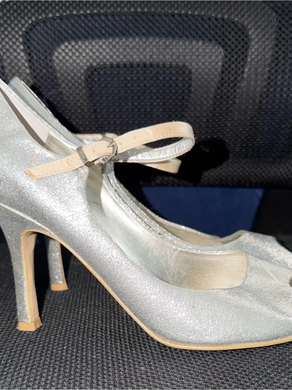 Shimmery Silver Mary Jane High Heels with Ankle Strap